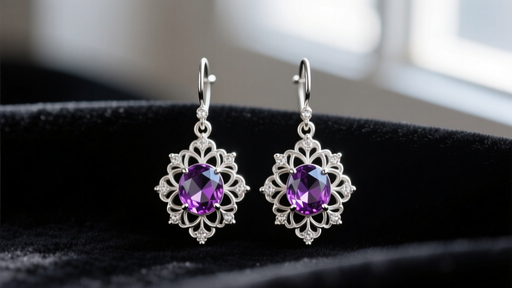 Close-up of Lois Hill sterling silver drop earrings with floral filigree and round-cut amethyst gemstones resting on dark velvet.