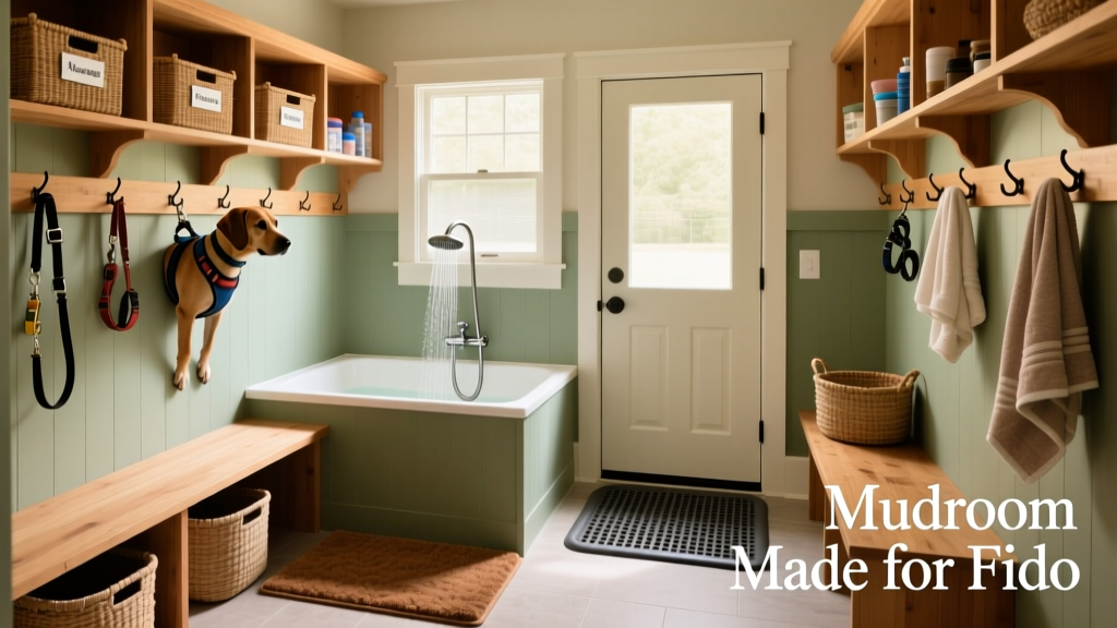 A bright, well-organized mudroom with built-in shelving, hooks, a dog bath station, and absorbent mats near the exterior door
