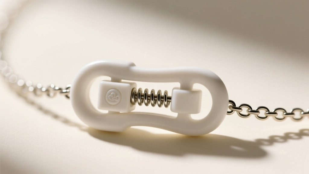 Close-up of a childrens necklace breakaway safety clasp made of smooth white plastic, designed to snap open under light pressure.