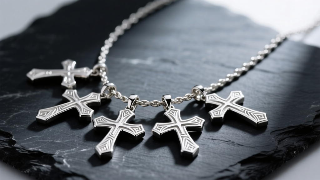 Macro shot of a 925 sterling silver multi cross necklace on dark slate, highlighting die-struck pendants and a 1.5mm cable chain.