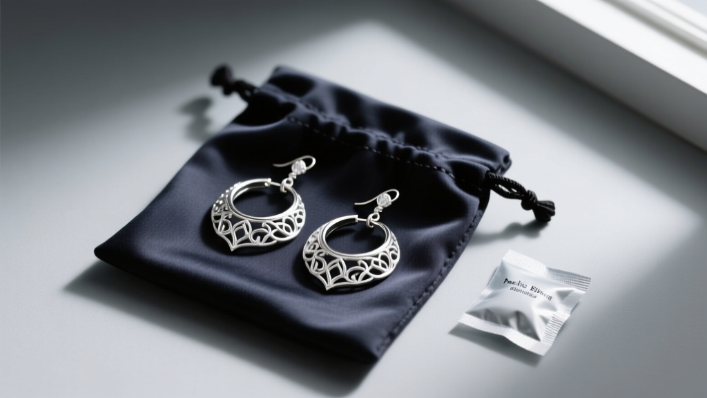 Silver filigree hoop earrings stored inside a dark Pacific Silvercloth anti-tarnish pouch beside a small silica gel packet.