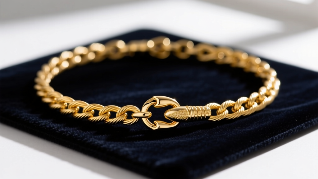 Macro shot of a 14k yellow gold cable chain necklace with a small lobster clasp resting on a dark velvet jewelry repair mat