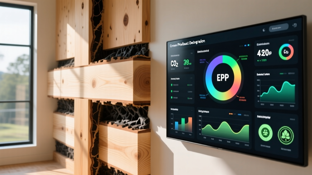 Cross-section of cross-laminated timber wall showing carbon layers next to a digital environmental product declaration data dashboard