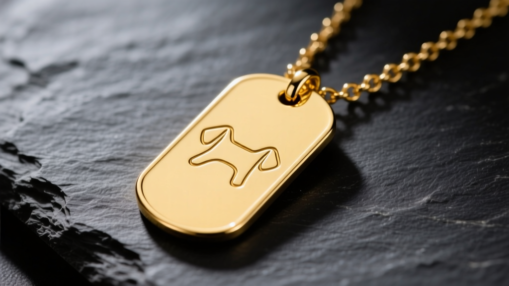 Close-up of a polished 14k yellow gold dog tag necklace resting on dark slate, reflecting soft studio lighting with sharp focus.