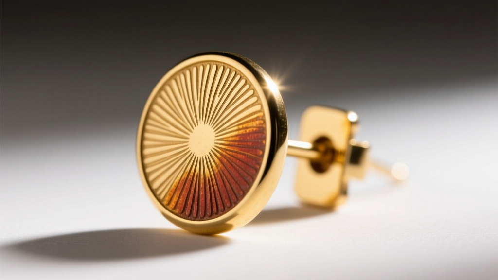 Close-up of a testing stone showing acid streaks on a vintage gold-plated clip-on earring back under bright LED bench lighting.