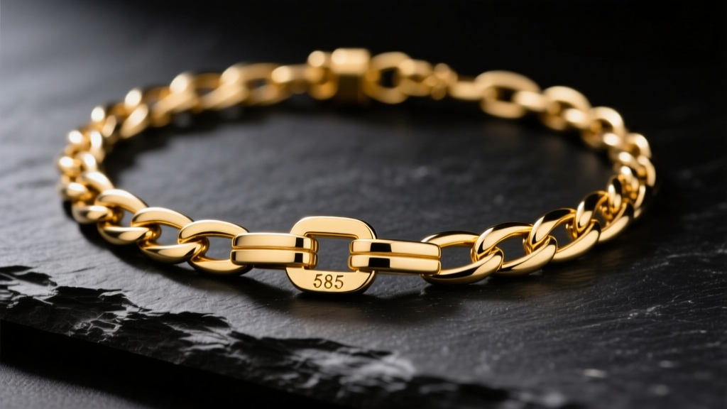 Macro shot of an Italian 14k gold figaro necklace on dark slate, highlighting the 585 hallmark stamp on the lobster clasp.