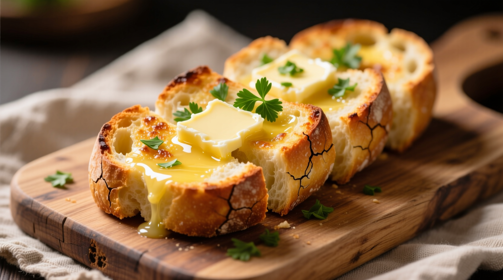 Golden air fryer garlic bread with melted butter