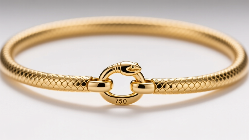 Detailed view of a lobster clasp on a 2mm 18k gold serpentine necklace, showing the soldered jump ring and 750 hallmark stamp.