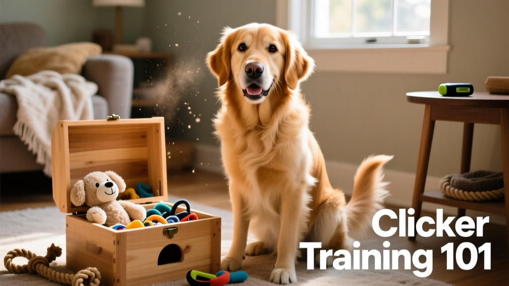 Happy dog sitting beside an open toy box with a plush toy inside, looking up at their owner with focused attention