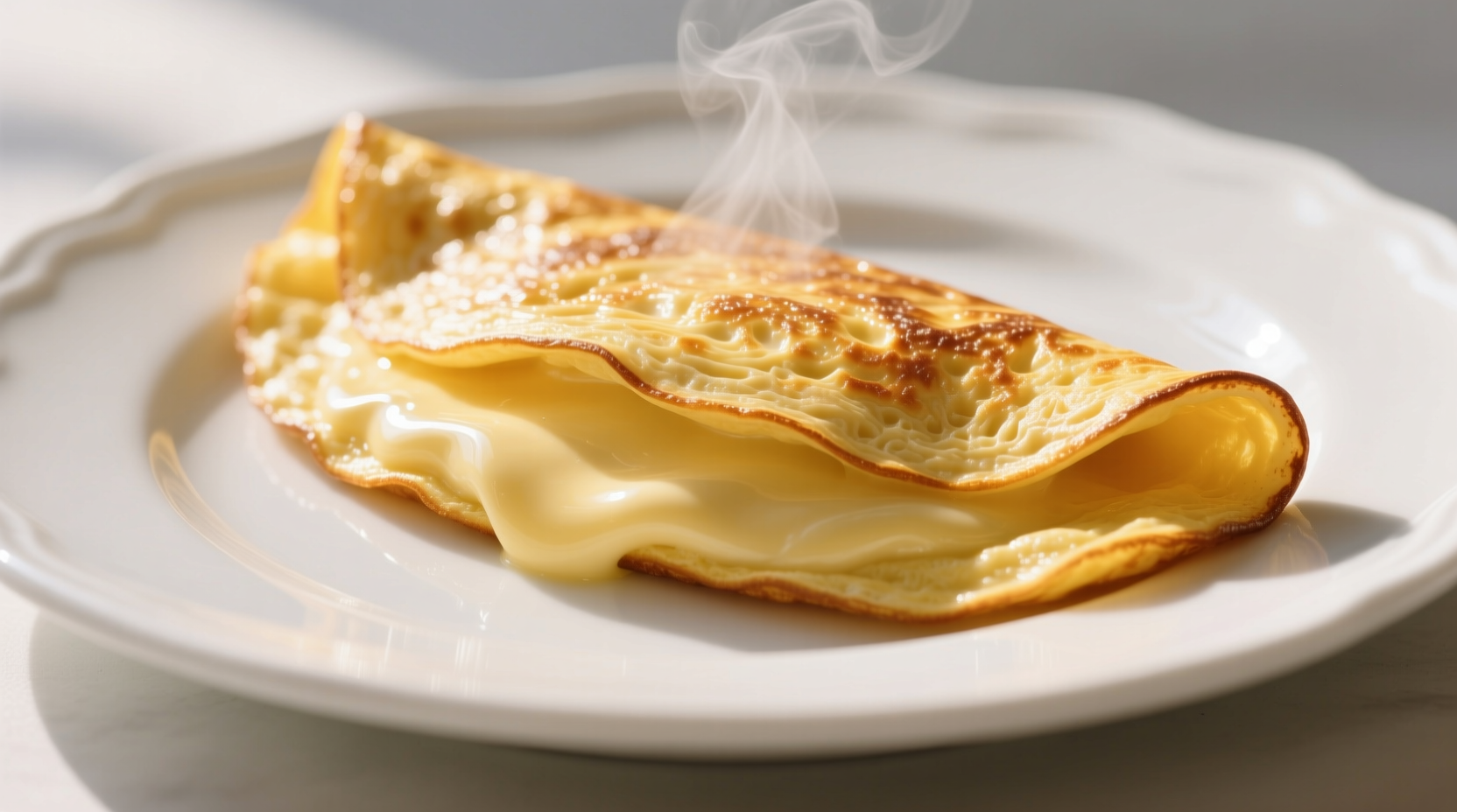 Perfect golden French omelette on white plate