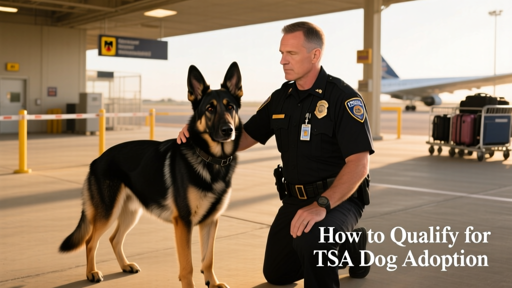 A confident, well-groomed German Shepherd standing alert beside a TSA trainer at an airport training facility