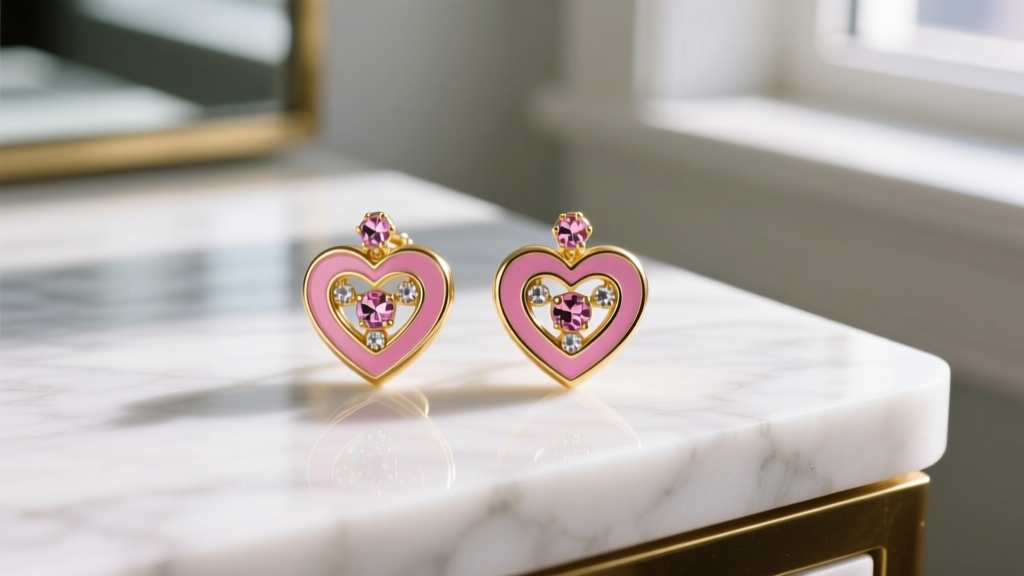 Close-up of whimsical Betsey Johnson gold-tone heart earrings with pink enamel and glass crystal accents on a marble vanity.