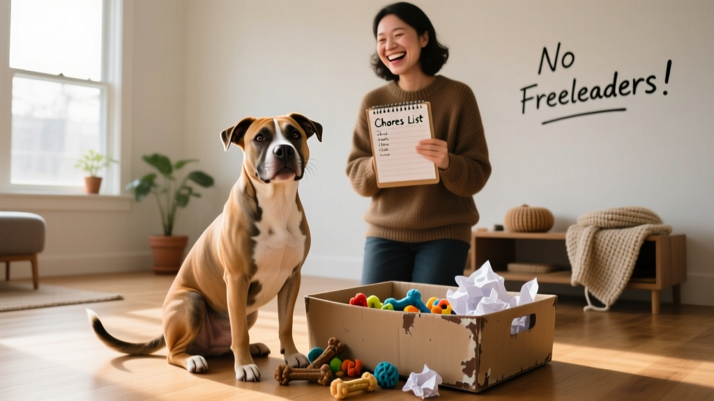 A joyful Pit Bull sitting beside an empty toy bin, looking proudly at her human