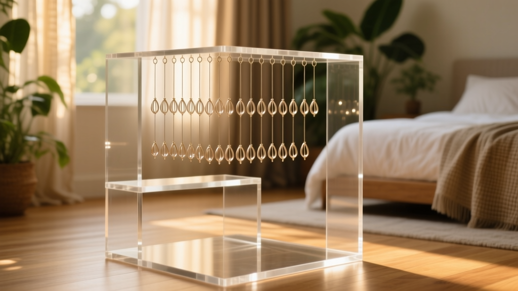 Close-up of clear acrylic modular risers holding delicate 22-gauge French wire dangles against a warm biophilic bedroom backdrop.