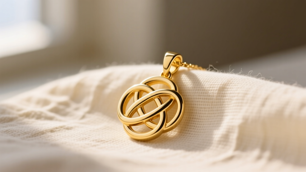 Close-up of a 14k yellow gold Celtic motherhood knot pendant on cream linen cloth, illuminated by warm, soft natural window light.