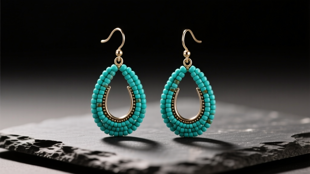 Close-up of vintage turquoise beaded drop earrings resting on dark slate under warm, directional studio lighting setup.