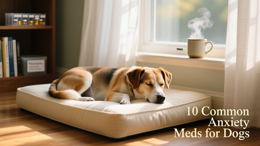 A calm dog resting peacefully on a soft bed beside a quiet window, illustrating reduced anxiety