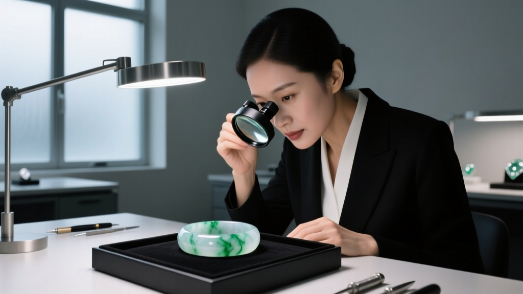 Gemologist examining a translucent imperial jade bangle with a 10x loupe in a dimly lit, professional gemological appraisal room