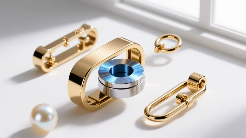Exploded diagram of a magnetic pearl clasp showing N52 neodymium magnets, 14k gold casing, and laser-welded jump rings on white