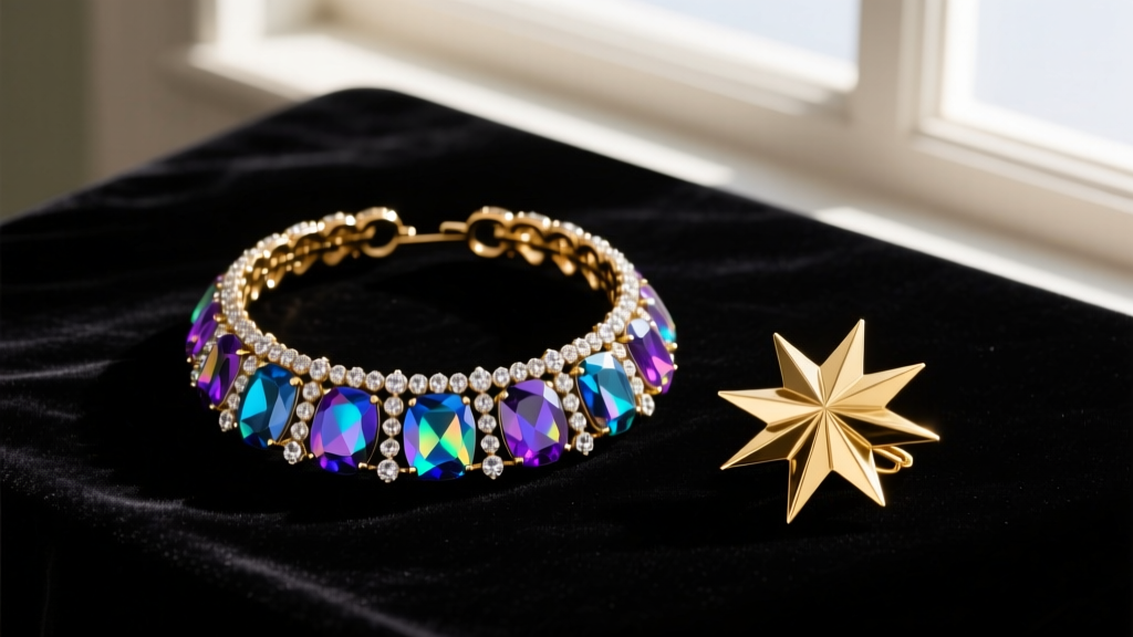 Flat lay of 1950s vintage jewelry featuring an aurora borealis rhinestone collar and gold-tone starburst brooch on black velvet.