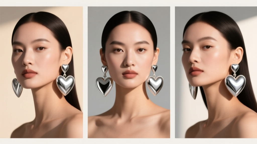 Fashion illustration showing three different face shapes styled with varying proportions of silver large heart drop earrings.
