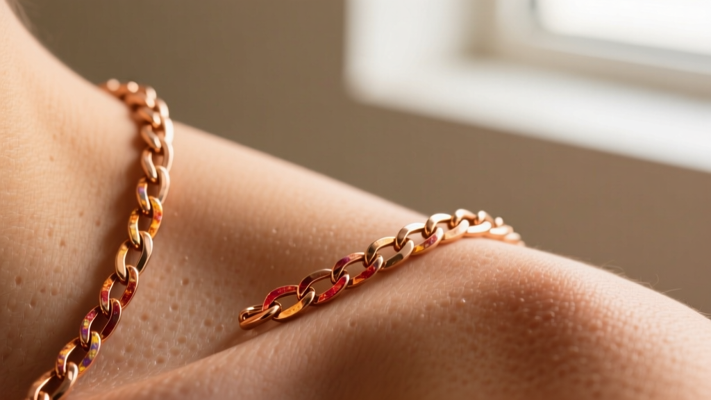 Macro shot of a 14k rose gold chain resting on skin, showing the copper alloy reacting to natural body oils and acidic sweat.