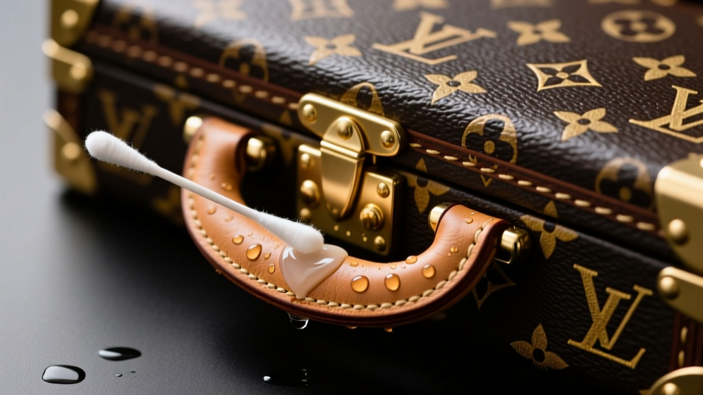 Cotton swab applying pH-neutral leather cleaner to a water-stained vachetta leather handle on a luxury monogram travel jewelry box