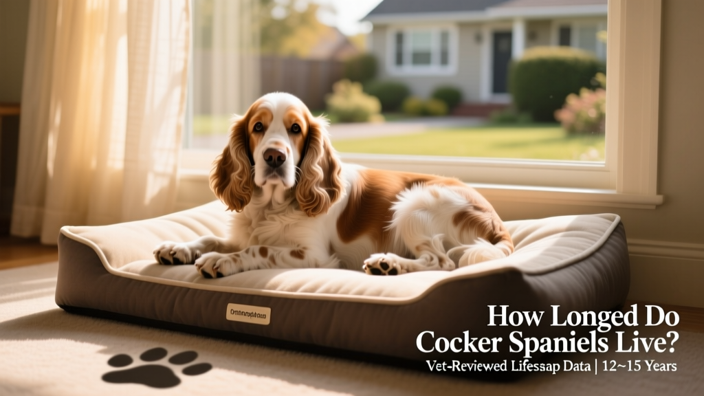 A senior Cocker Spaniel resting comfortably on a supportive orthopedic dog bed beside a window with natural light