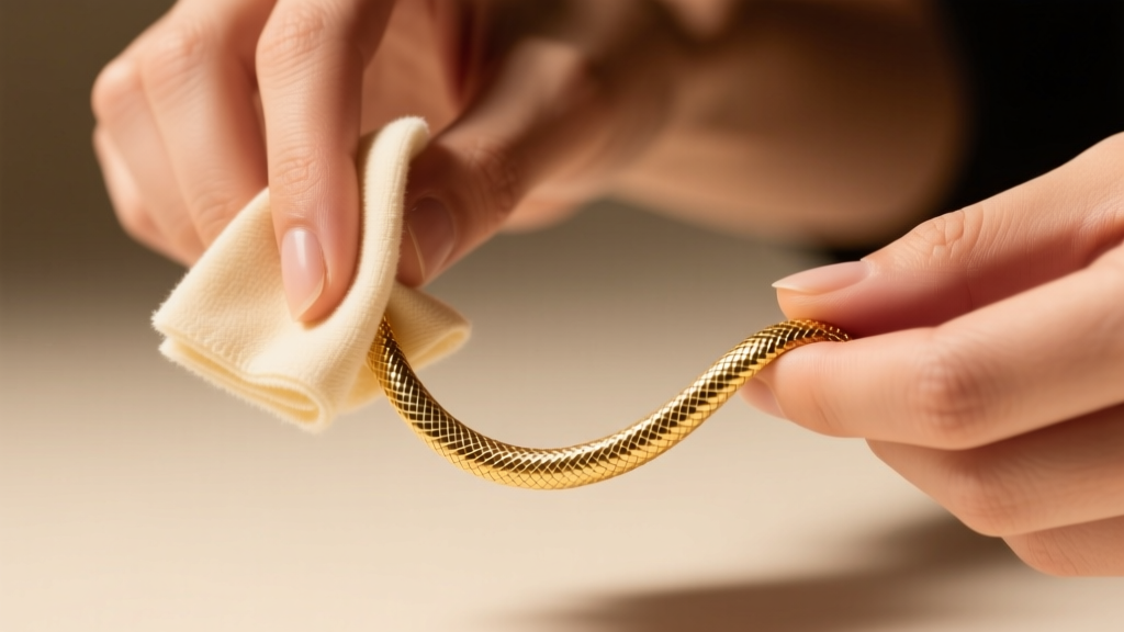Hands wiping a shortened gold-plated snake chain necklace with a microfiber polishing cloth under bright, warm studio lighting