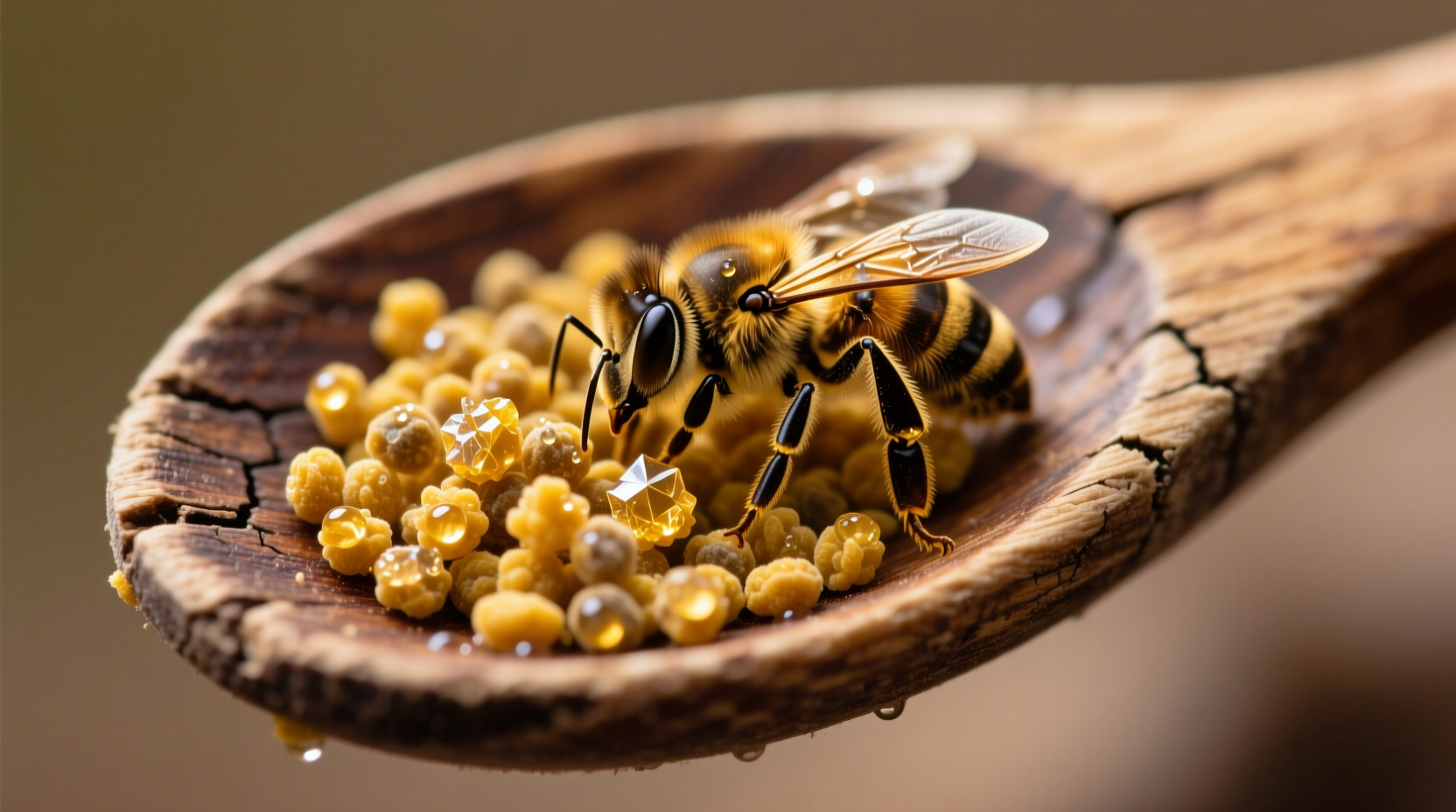 Close-up of golden bee pollen granules on wooden spoon