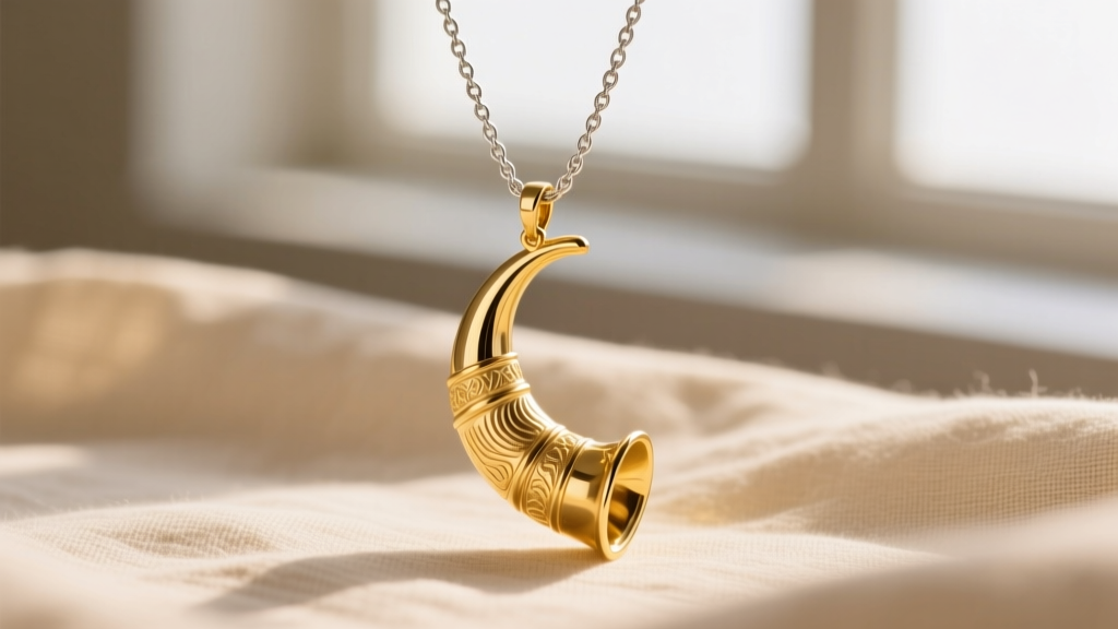 14k yellow gold Italian horn pendant on a delicate rope chain against soft beige linen, captured in a detailed, well-lit close-up.