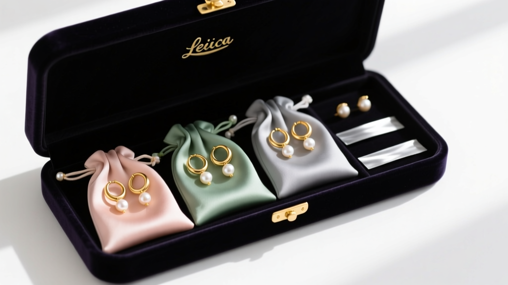 Open velvet jewelry box showing individual silk pouches storing gold hoop earrings with pearl drops, alongside anti-tarnish strips