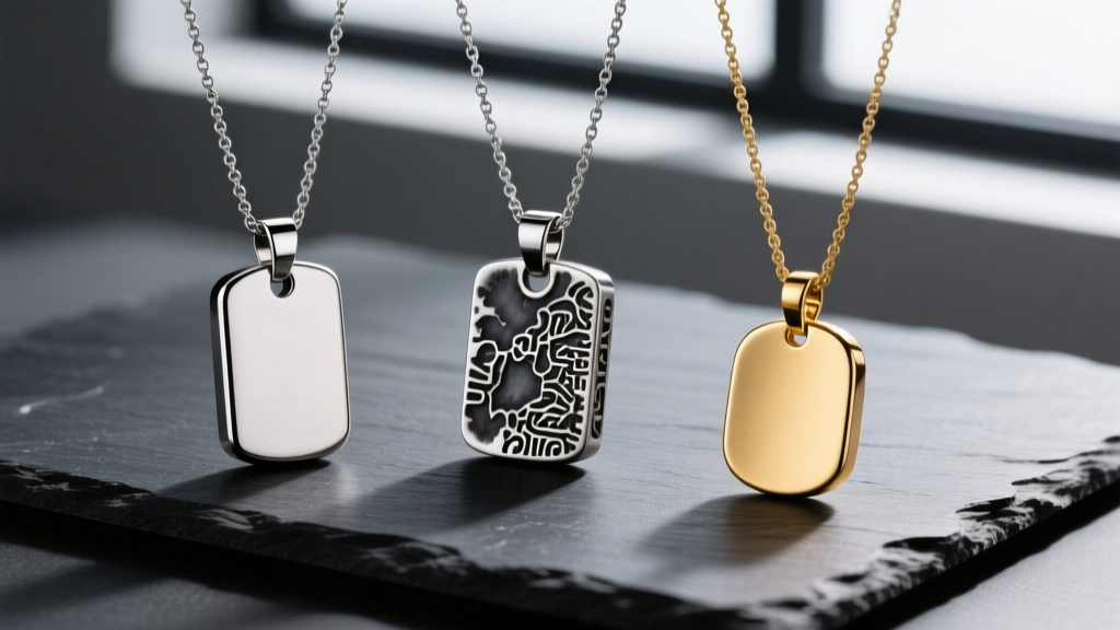 Three mens pendant necklaces on dark slate: one 316L stainless steel, one oxidized sterling silver, and one polished 14k gold