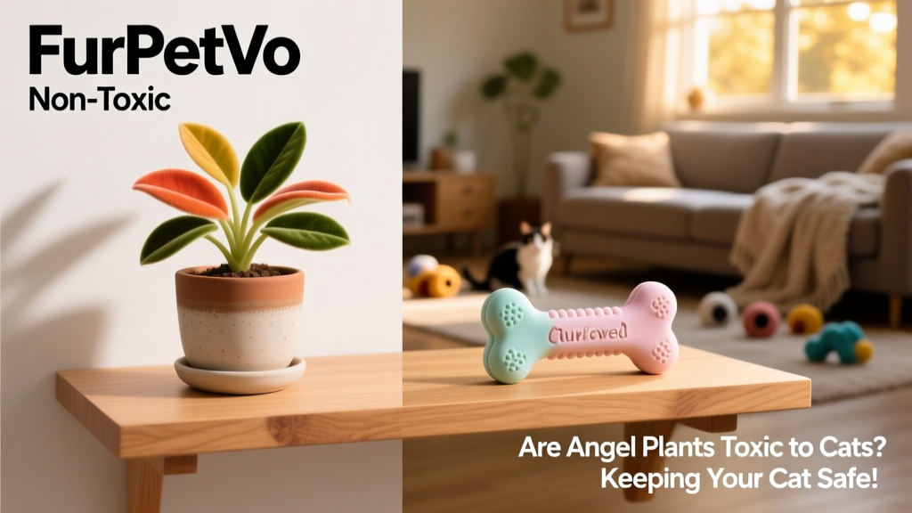 Side-by-side comparison: a FurPetVo angel plant labeled 'Non-Toxic' next to a vet-approved cat-safe chew toy, both placed on a clean, minimalist pet-friendly shelf