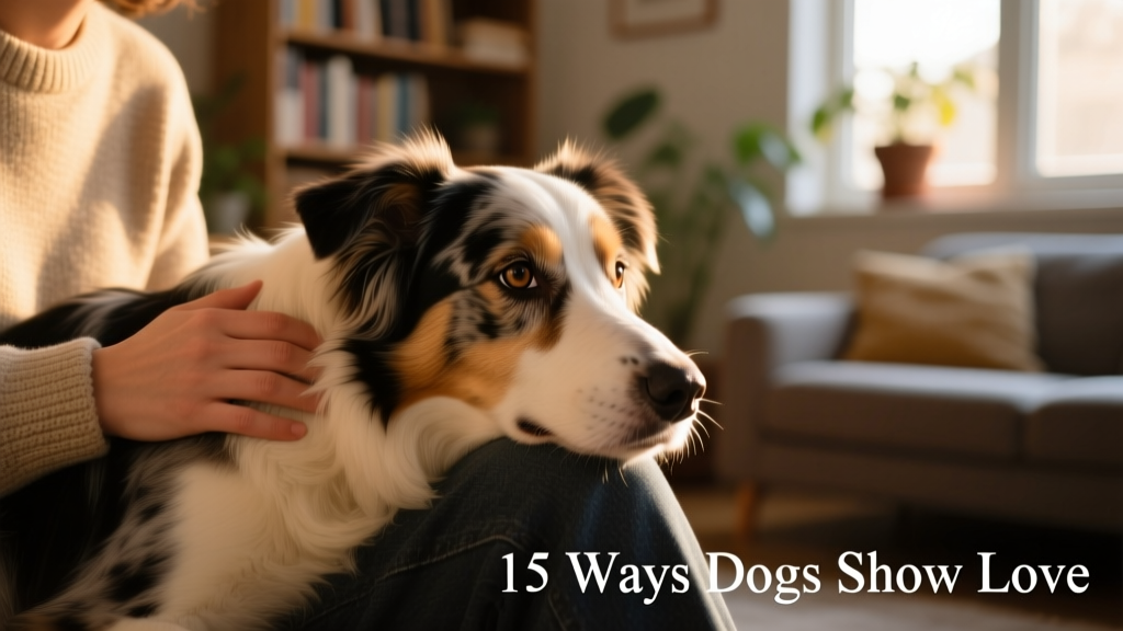 A calm, attentive border collie resting its head gently on its owner's knee while making soft eye contact