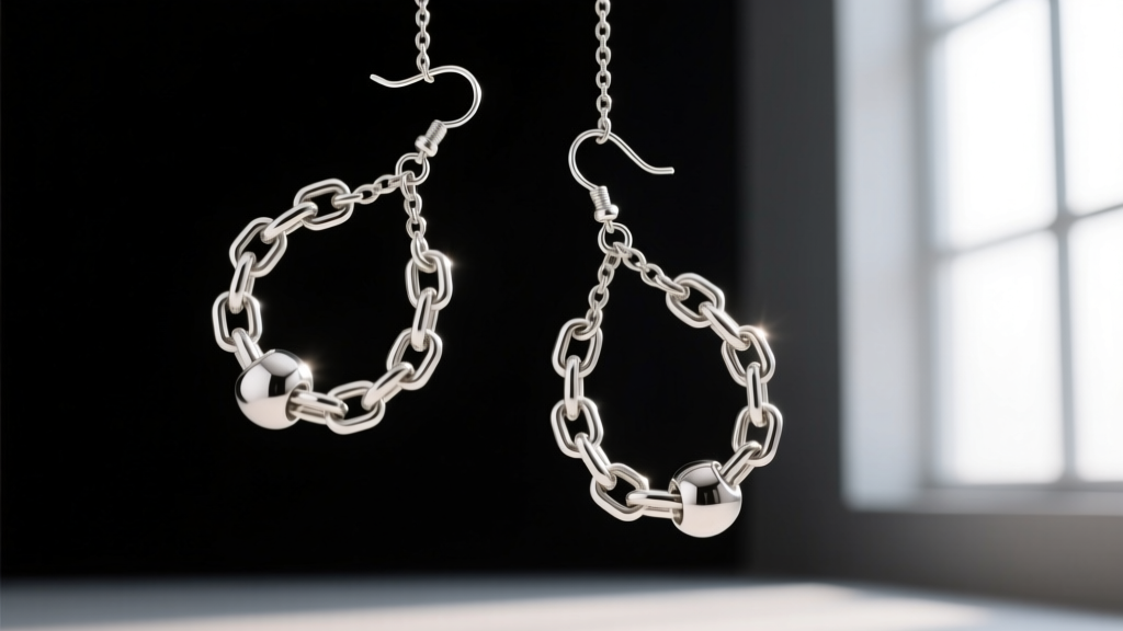 Articulated silver flail earrings swinging against a dark studio backdrop, highlighting kinetic chain joints and weighted ends.