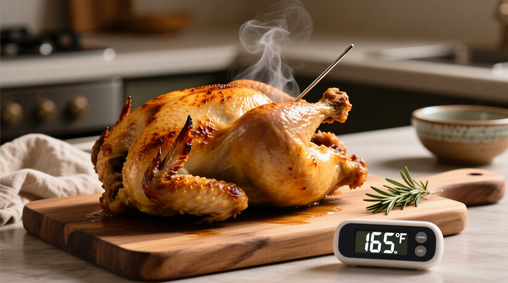 Whole roasted chicken with thermometer showing 165 degrees