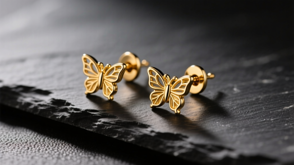 Macro shot of gold stud earrings with butterfly push back closures resting on a dark textured slate cleaning mat under warm light.