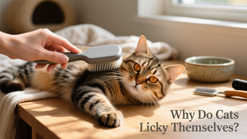 Hand brushing a cat’s coat with a slicker brush while cat relaxes