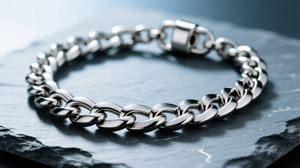 Macro shot of a stainless steel Cuban link mens necklace on slate, showing the brushed metal finish and heavy lobster clasp.