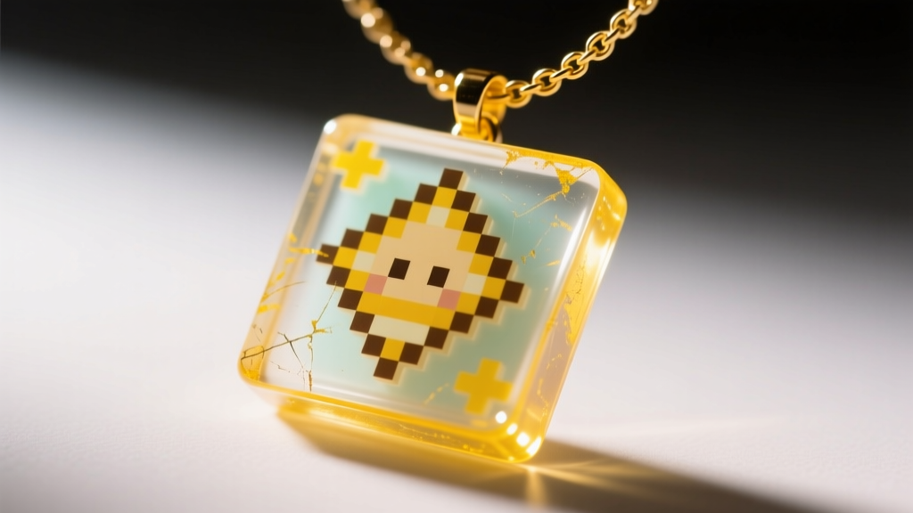 Macro shot of a UV resin bathhouse necklace stardew tile showing minor yellowing and surface scratches under bright studio light
