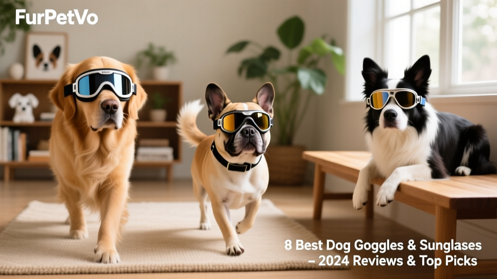 Side-by-side comparison of three FurPetVo dog eyewear models: wraparound goggles, classic sunglasses, and sport-style tinted goggles