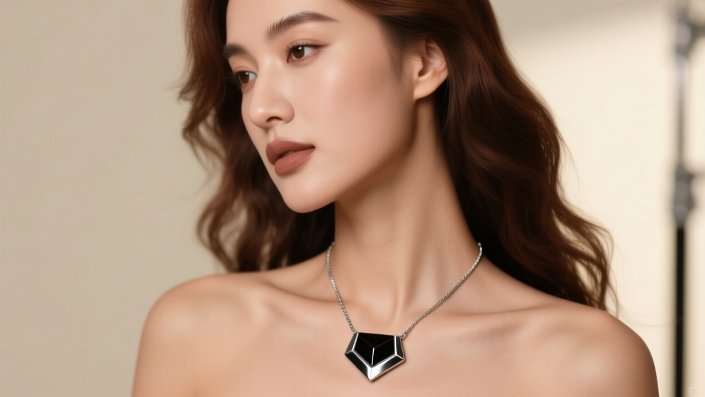 Woman wearing a carbon fiber and titanium pendant necklace, showing matte black and silver contrast against her collarbone