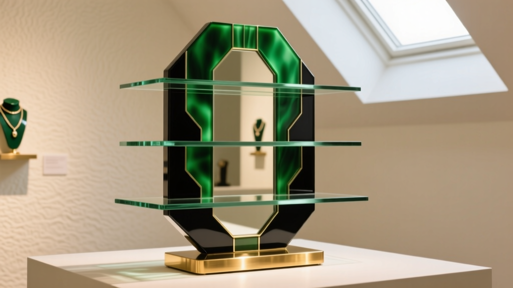 Art Deco bakelite jewelry stand in mottled green and black, featuring tiered mirrored glass shelves under warm gallery lighting