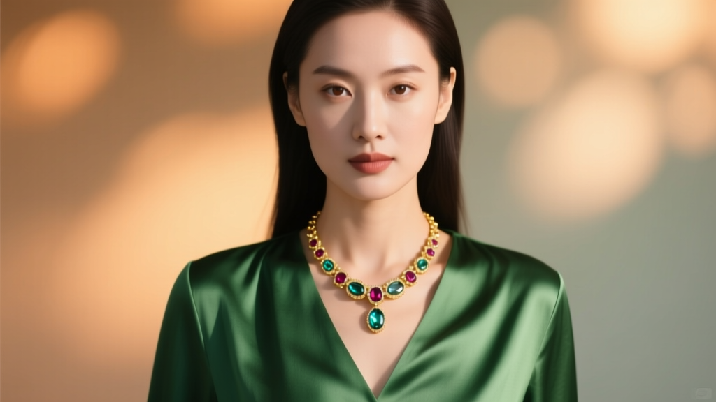 Woman wearing an opal and ruby gold necklace over a green silk blouse, soft bokeh background, editorial portrait photography style