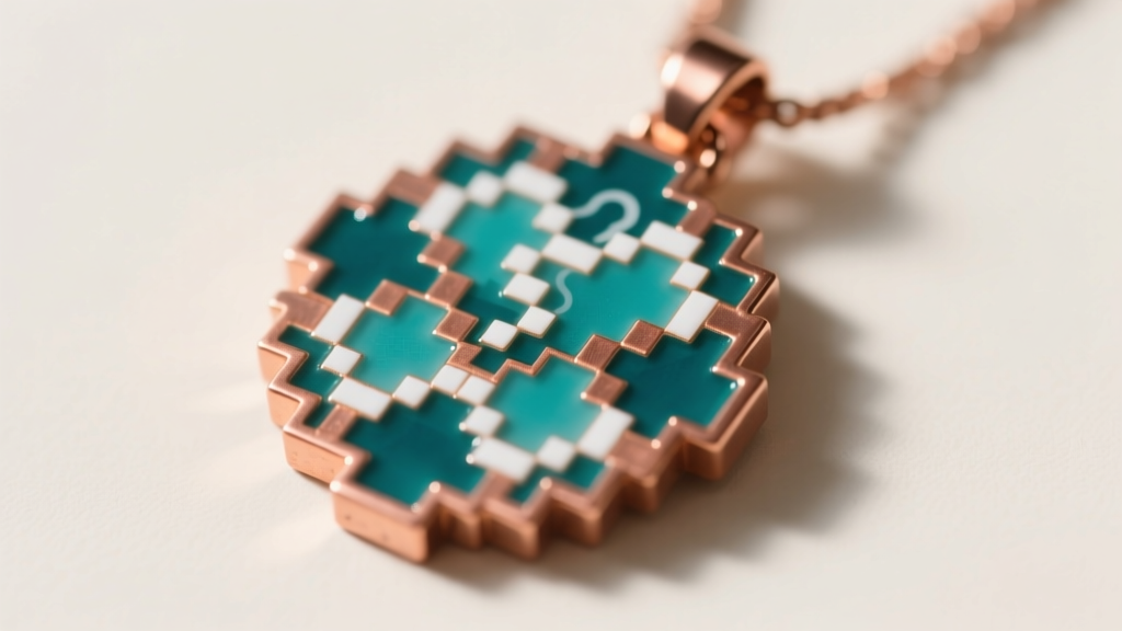 Macro shot of a pixel-art copper pendant showing intricate teal enamel work resembling spa tiles and subtle steam motifs