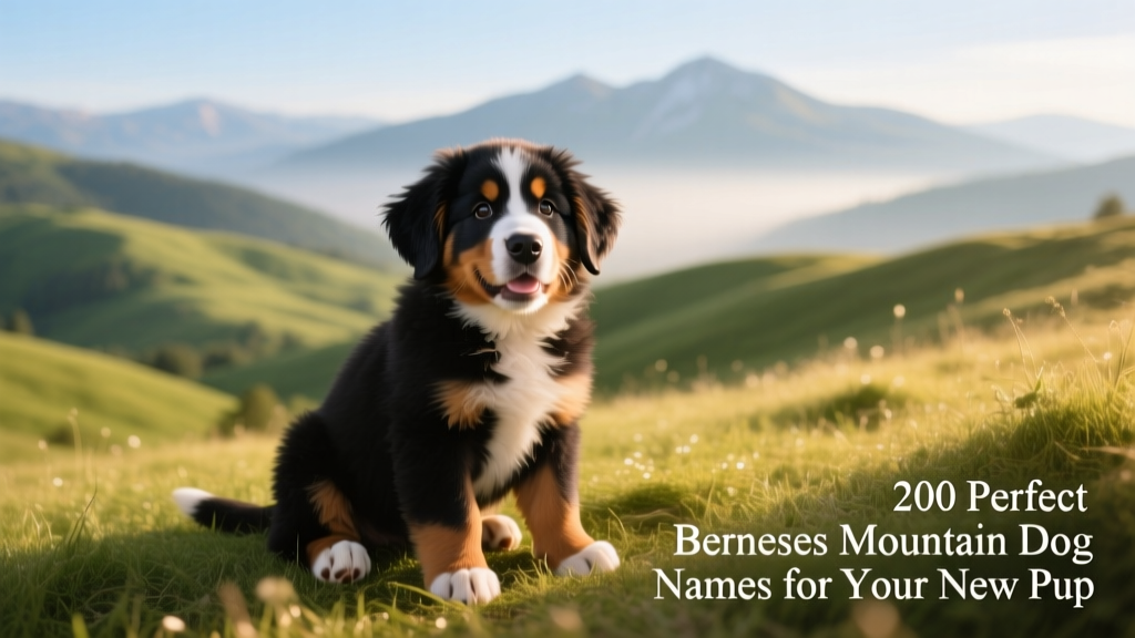 A joyful Bernese Mountain Dog puppy sitting on a grassy hill with mountains in the background