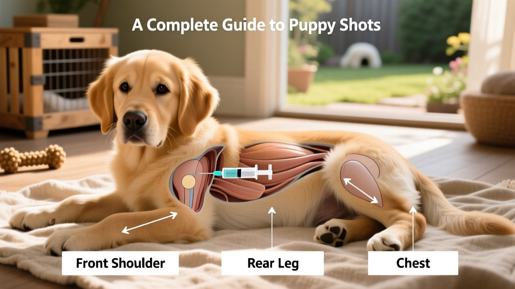 Side-by-side illustration showing correct injection sites on a dog's body: front shoulders, rear leg, and chest