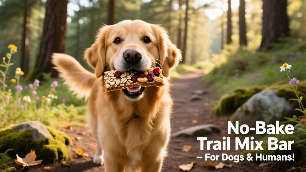 A golden retriever happily holding a no-bake trail mix bar in its mouth, outdoors on a sunny hiking trail