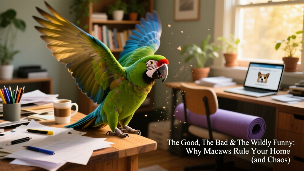 A macaw mid-wing-flap beside a desk scattered with papers, looking gleefully mischievous